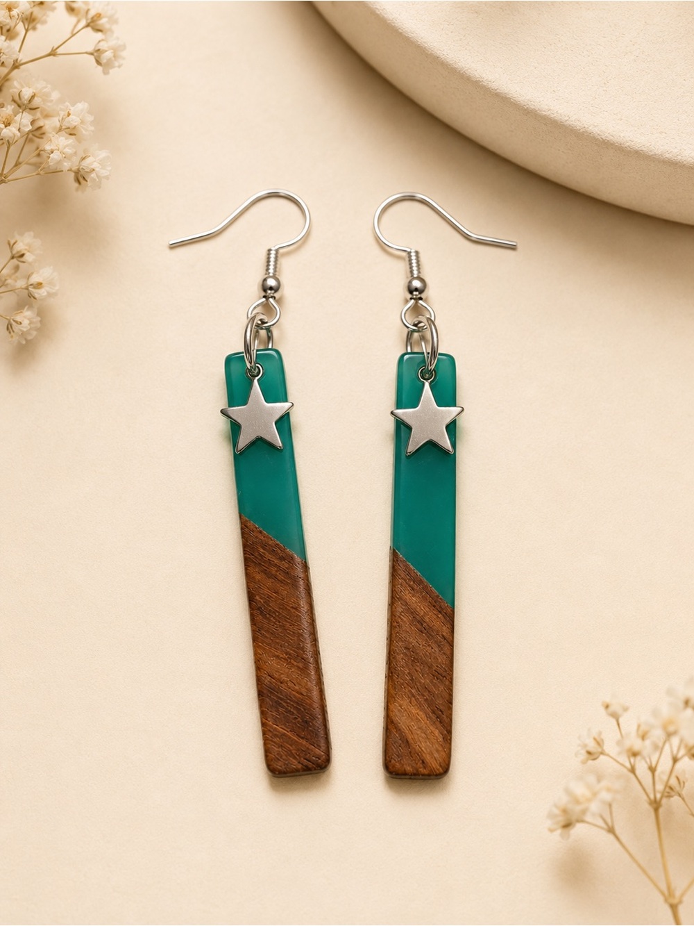 Green and Wood Bar Star Dangle Earrings